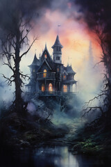 Obraz premium Watercolor Painting Eerie Haunted Landscape with Haunted Mansion, Halloween, Generative AI