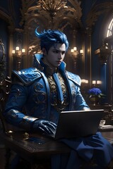 Obraz premium Fantasy anime character with blue hair using a laptop, royal prince in ornate blue and gold armor, magical scholar in a luxury palace office