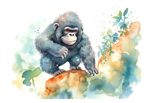 Cute gorilla climb in watercolor illustration 
