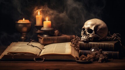 skull resting on a book with a candle nearby in a dark and mysterious setting