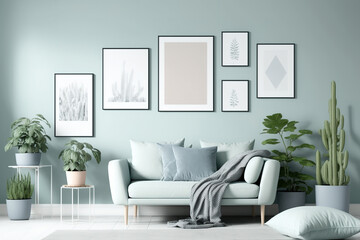 Display of a poster or photograph in a mock-up poster gallery wall with six frames in a solid pastel light blue room with furniture and plants. Generative AI