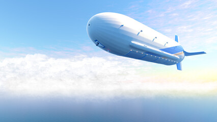 Concept 3d illustration render of future dirigble transportation with blimp, zeppelin, semi-rigid and rigid airships. Helium filled cargo airship for shipment of goods over the sea. 