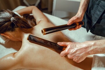Closeup male hands doing back massage to woman using hollow bamboo canes. Alternative medicine