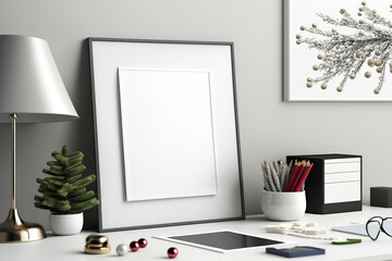 Office/home workplace mockup. christmas card example. Frameless white tabletop. Holiday and stationery desktop. side-on. Generative AI