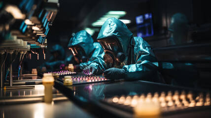 Nuclear power plant, men in uniform and masks to protect themselves from radiation