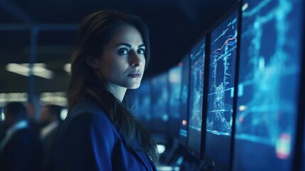 Close up Portrait of a woman in a control room filled with monitors coordinating logistics - obrazy, fototapety, plakaty