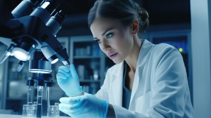 Close up Portrait of a woman in a biotech lab observing reactions under a microscope