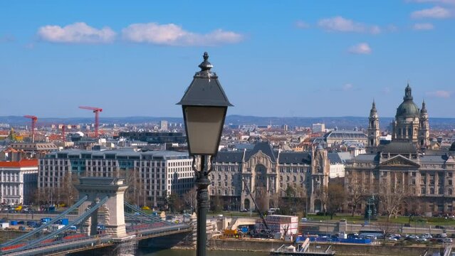Budapest landmarks by secheni bridge. A sunny landmarks of Budapest with ancient buildings and Secheni bridge over Danube river in the day light.