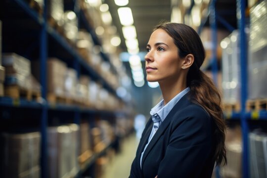 Close up Portrait of a woman overlooking a vast warehouse strategizing storage solutions