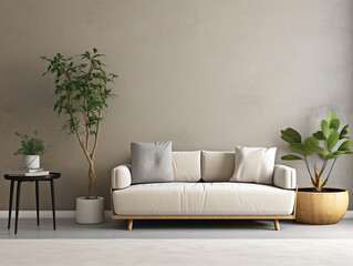 Modern, white minimalist interior design with sofa, wooden floor and plants, ai generative