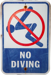 Beat up old sign, "No Diving", against a transparent background, high resolution png.