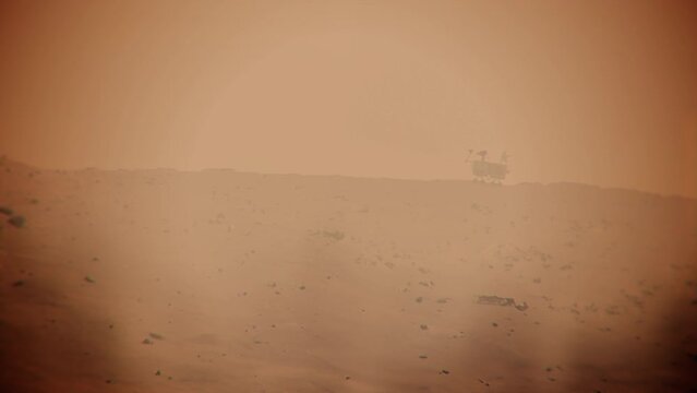 A Rover Exploring the Surface of Planet Mars in a Middle of a Dust Storm
