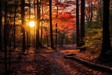 The setting sun illuminates a forest blanketed in colorful autumn leaves