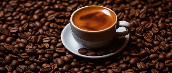 Coffee cup and coffee beans background with copy space for text