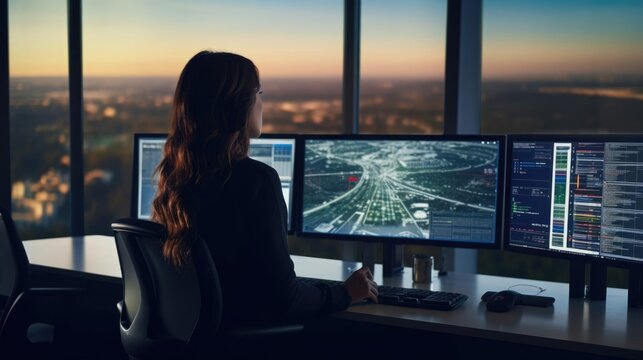 Portrait image of a woman in a bustling airport control tower coordinating takeoffs and landings amidst a myriad of screens