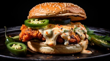 A spicy chicken burger adorned with jalapenos and smothered in spicy mayo,