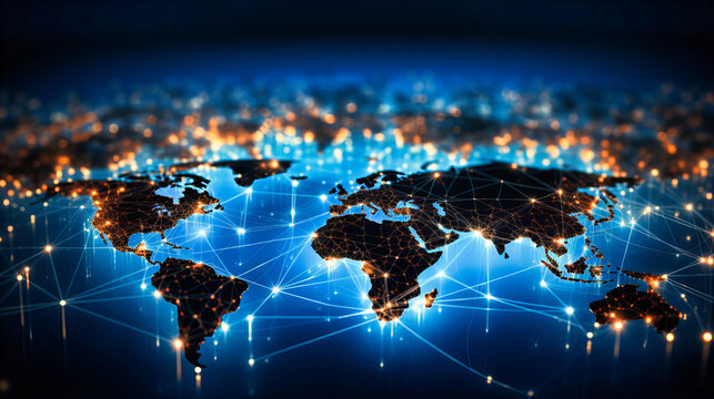 Fototapeta A digital world map illuminated with active trade routes and commerce hotspots