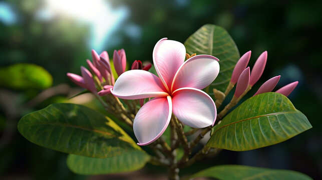 Generate realistic pink plumeria flower rubra obtusa tree image Ai generated art