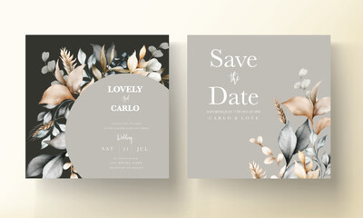 Elegant wedding invitation card with bohemian leaves watercolor