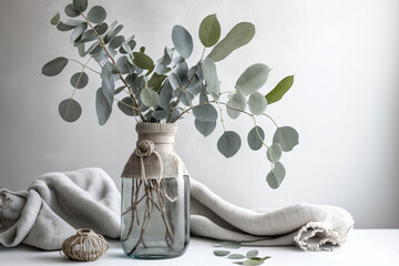 Natural eucalyptus twigs in old grey glass vase bottle on linen tablecloth against bright wall. Indoor flowers. Generative AI