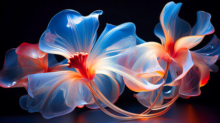 Glass petals unfurling to reveal neon blooms.