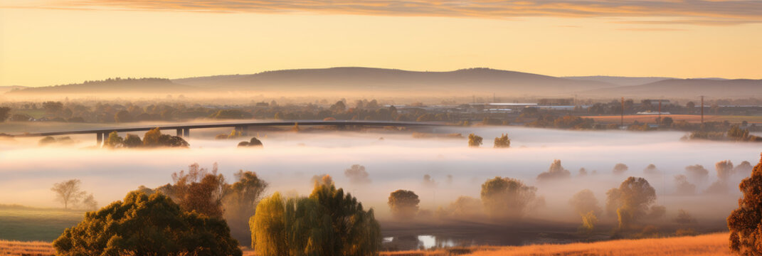 A railway bridge crosses in a wide format beautiful outdoor natural scenery