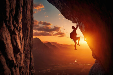 A man rock climbing at sunset, AI generated