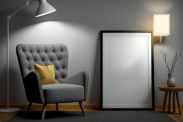 Mockup poster frames with reading lamp and armchair in modern interior background illustration. Generative AI