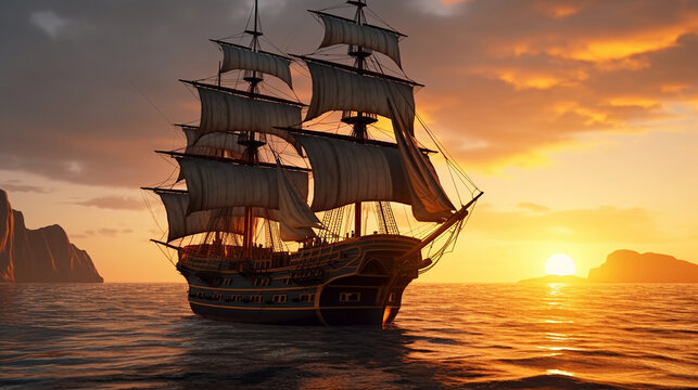 Pirate ship sailing into sunset dreamtime photography sea sunrise image Ai generated art