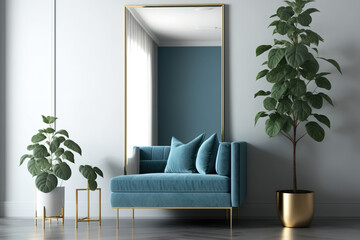 Modern mirror with copy space over blue sofa and elegant table with golden potted plant. Generative AI