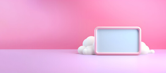 Pink frame with white clouds on a pink background with copy space.