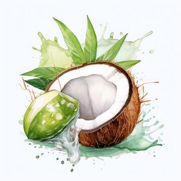 Watercolor illustration of a coconut with a splash of juice and a green leaf on a white background.