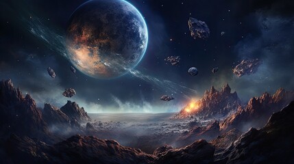 Landscape image of a rocky planet overlooking the cosmic dark sky.