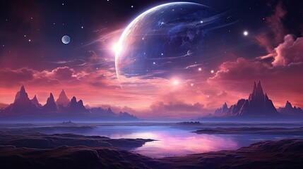 Landscape with a sky background and cosmic clouds in the aesthetics of vapor waves.