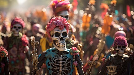 Image of the Day of the Dead with intricate puppets and large decorated skulls.