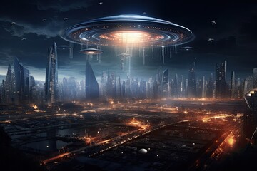 An image of a cityscape with a huge alien carrier ship.