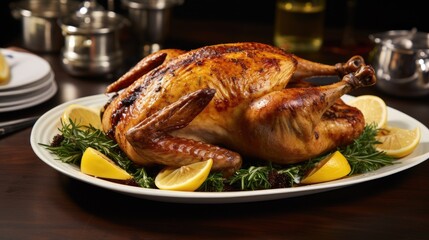 Beautiful golden brown whole fried chicken on a white dish.