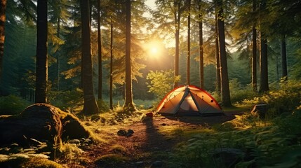 A cozy camping tent located in a dense forest.