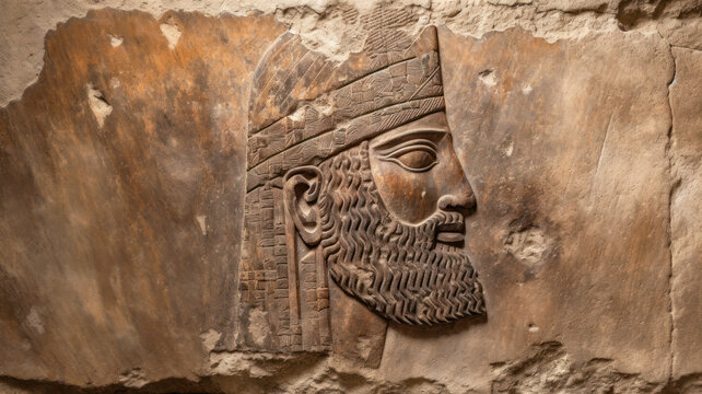 Sumerian portrait of bearded man carved in stone wall, Babylon culture