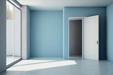 The empty room has light blue walls, concrete floors, and large windows with a doorway. fake wall. Generative AI