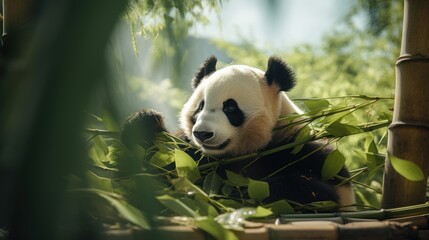 a cute chinese giant panda eating bamboo plant in a zoo forest. blurry nature background. Generative AI