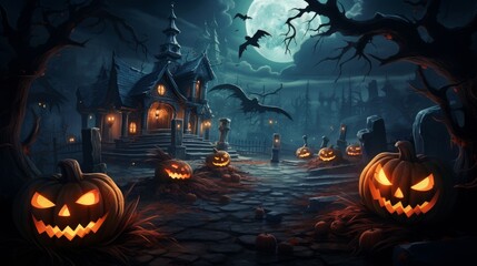 halloween background with pumpkin and bats at a spooky graveyard in the late scary nights. terrifying lights at the building and big moon and fog in background. wallpaper background. Generative AI