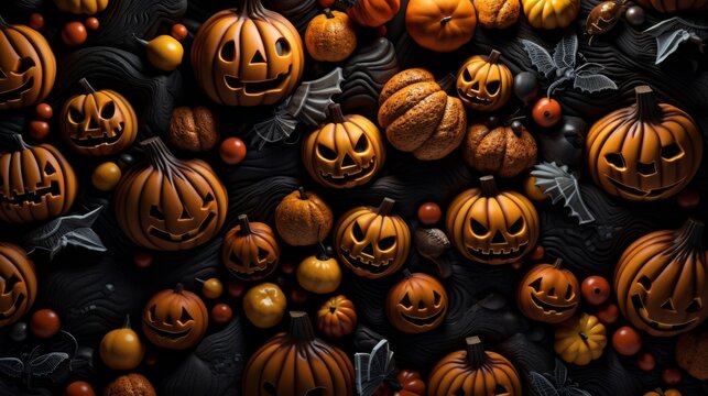 a dark black halloween pattern with orange pumpkins, spider webs, monsters, sweet candies and other halloween related theme stuff. wrapping paper. seamless wallpaper background pattern. Generative AI