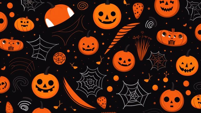 a dark black halloween pattern with orange pumpkins, spider webs, monsters, sweet candies and other halloween related theme stuff. wrapping paper. seamless wallpaper background pattern. Generative AI