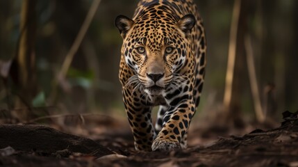 Jaguar walking on the ground in Brazil