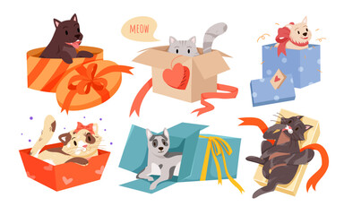 Happy cats and dogs in gift boxes set vector illustration. Cartoon isolated adorable pets playing, sitting and hiding in present cardboard boxes with ribbons and bow, funny fluffy animals to adopt
