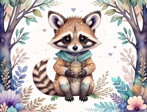 Mapache beb&eacute; adorable estilo n&oacute;rdico acuarela tonos marrones IA generativa