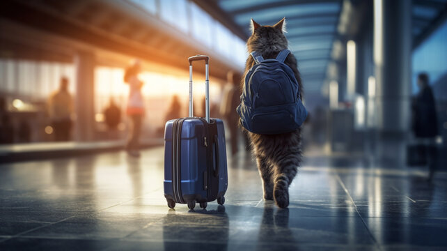 スーツケースとリュックを持った旅行中のネコ, cat, traveling. Generative AI