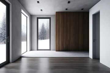 Fototapeta premium Empty room with dark wooden floor and concrete walls. large window Remodeling and design idea. mockup. Generative AI