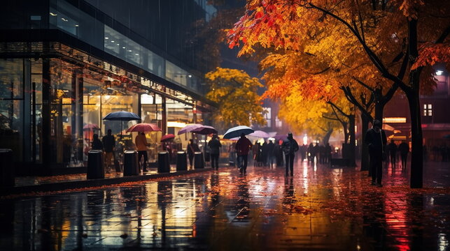 Fototapeta rainy city street on Autumn evening,yellow leaves fall on puddle,car traffic blurred light 
